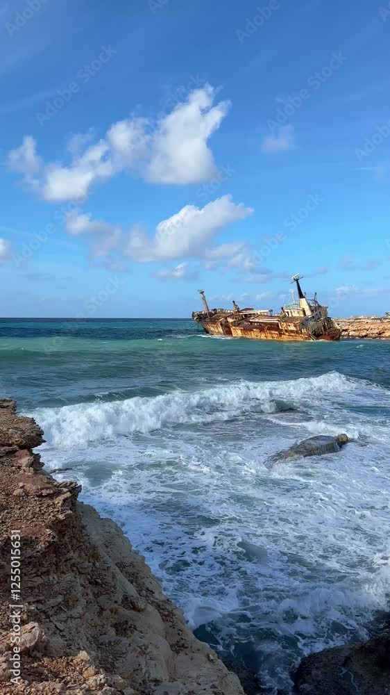 The old ship ran aground, shipwreck off the coast, abandoned ship, off the coast of Cyprus. Ecological disaster. 4 K Vertical The old ship ran aground, shipwreck off the coast, abandoned ship, off the coast of Cyprus. Ecological disaster. 4 K Vertical