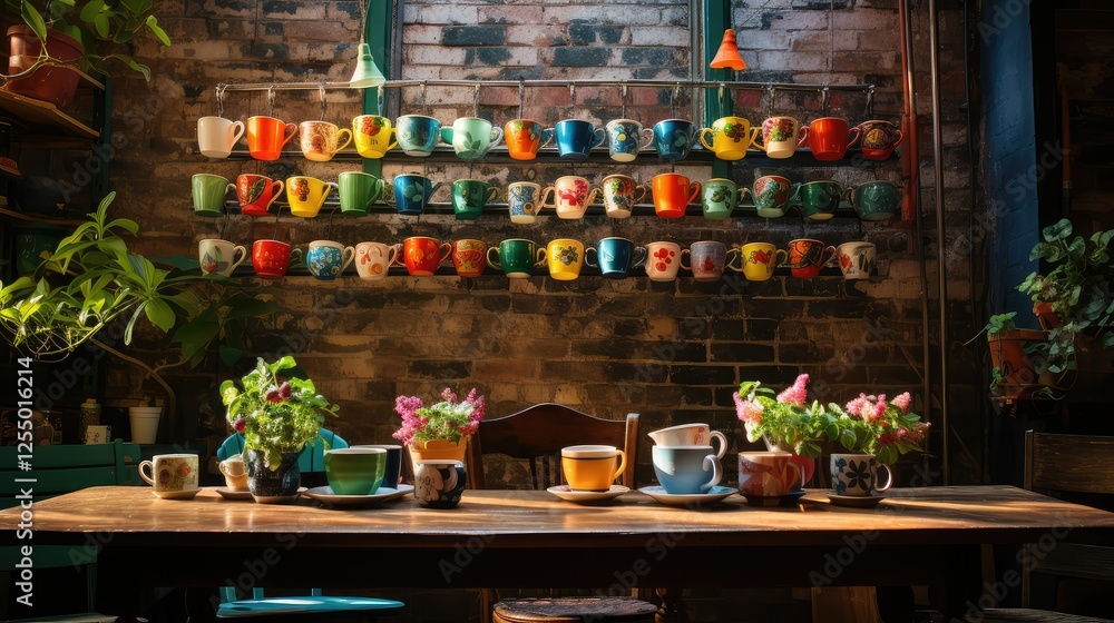 array coffee cups on table array coffee cups on table