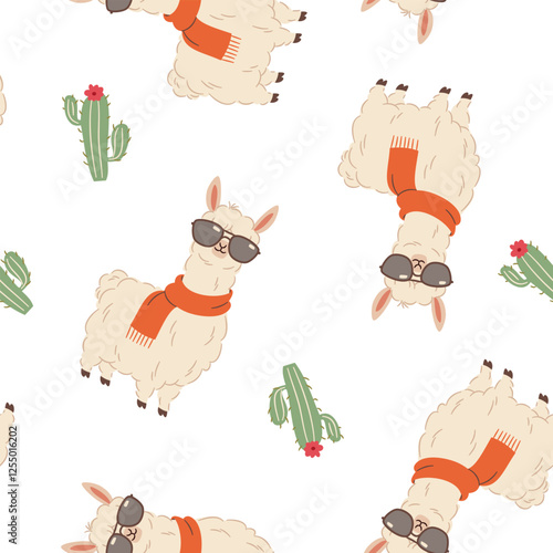 Seamless vector pattern in a simple children's style. Cute llama in sunglasses and cacti. Vector illustration