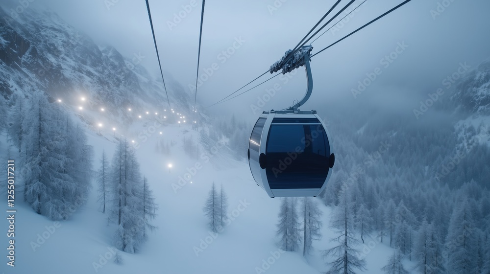 Ski gondola suspended over a snowy forest in wintertime with a misty atmosphere and distant mountain lights. Scenic winter travel concept. Ski gondola suspended over a snowy forest in wintertime with a misty atmosphere and distant mountain lights. Scenic winter travel concept.
