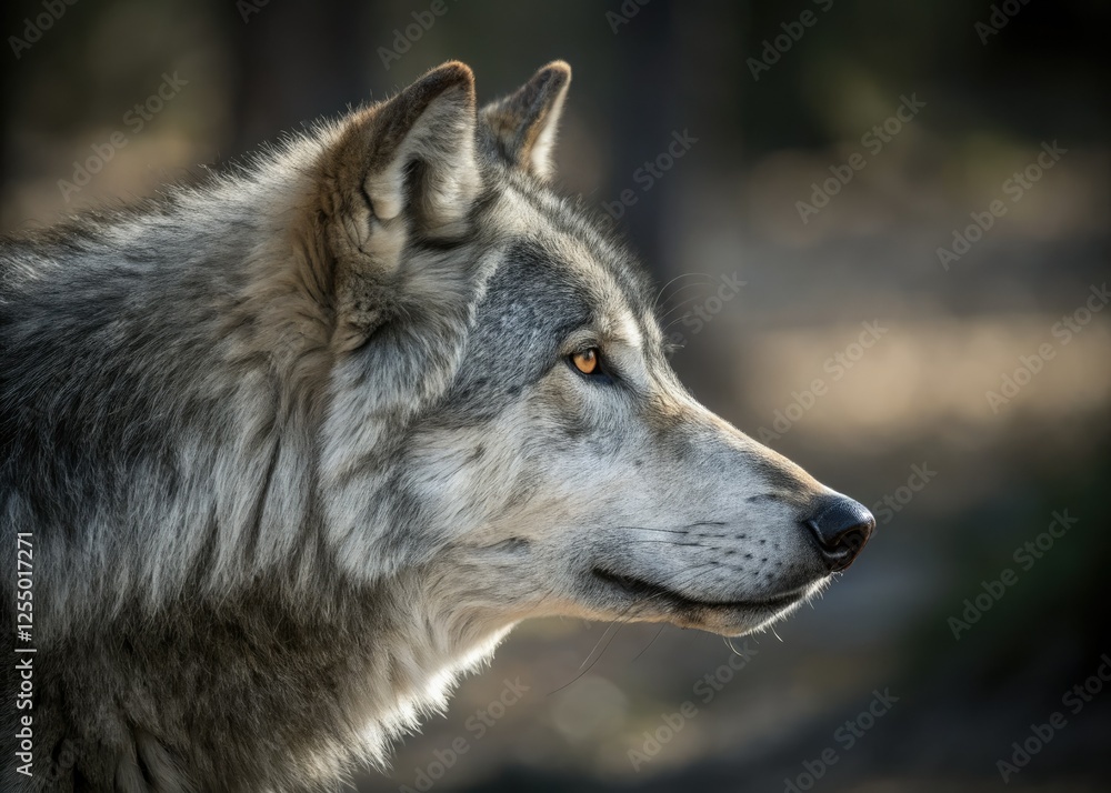 Fototapeta premium Majestic gray wolf's intense gaze, a captivating wildlife portrait showcasing predatory power in nature.