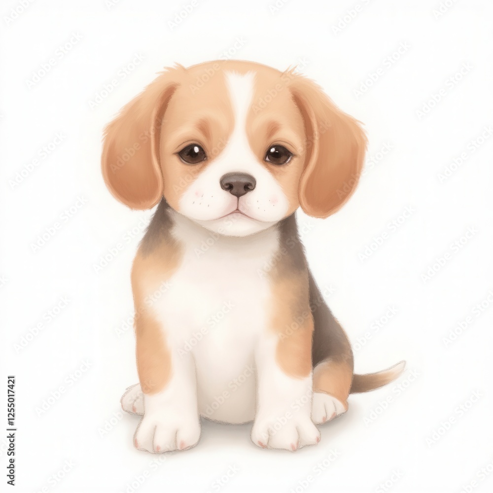 A cute, illustrated beagle puppy sitting, with soft fur and expressive eyes, exuding charm and playfulness. A cute, illustrated beagle puppy sitting, with soft fur and expressive eyes, exuding charm and playfulness.