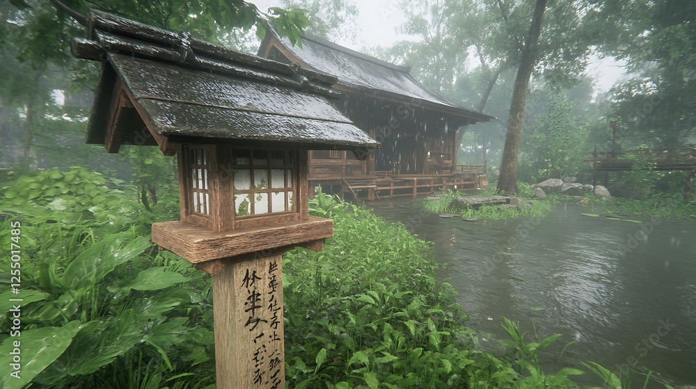 Japanese Temple Gate in Rainfall with Lush Greenery and Calm Stream Serene Landscape Design Japanese Temple Gate in Rainfall with Lush Greenery and Calm Stream Serene Landscape Design