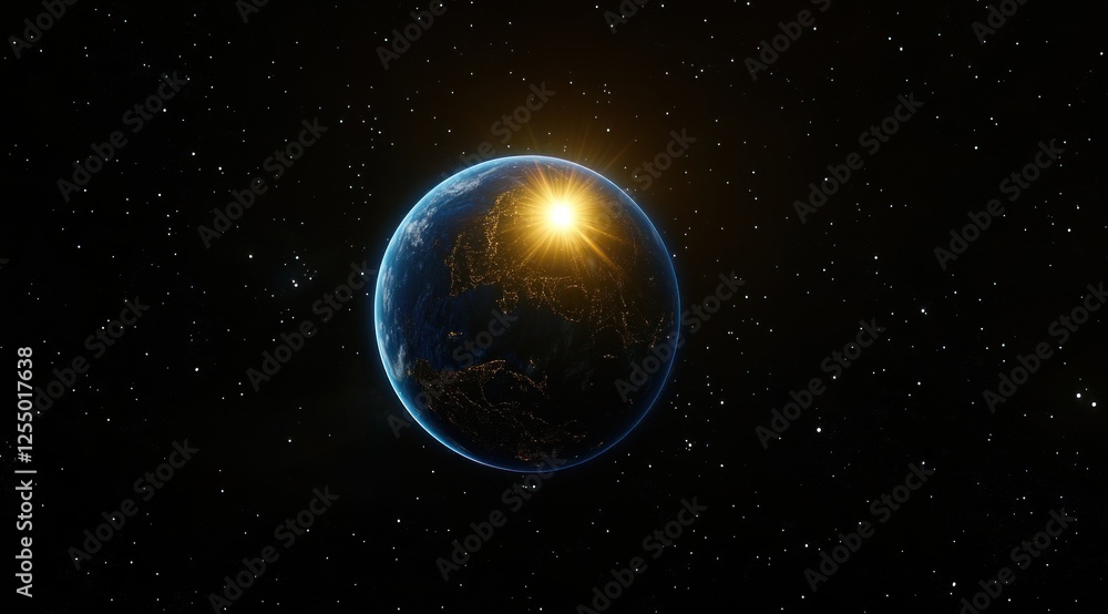 Earth sunrise from space, showing continents and stars. Earth sunrise from space, showing continents and stars.