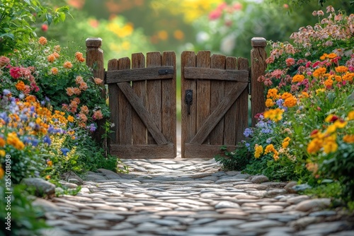 Fototapeta Naklejka Na Ścianę i Meble -  Open wooden gate welcoming visitors to colorful flower garden