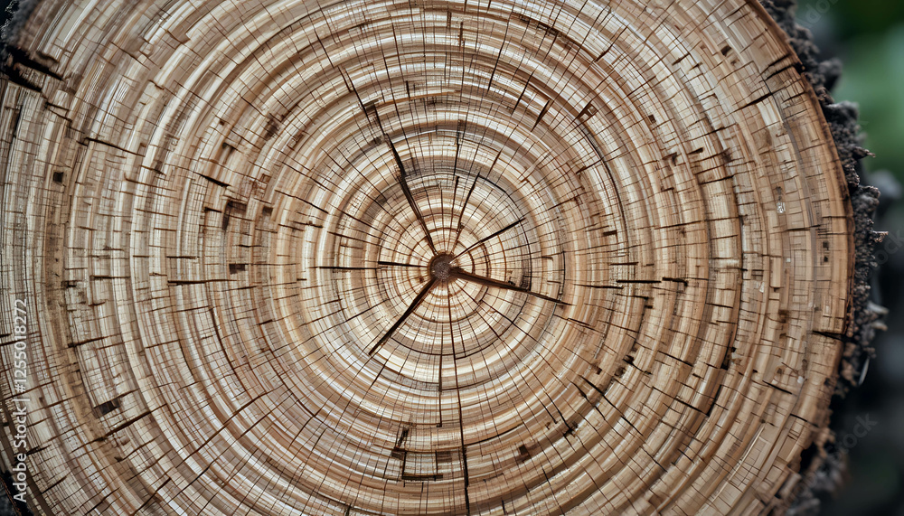 Close-up of Tree Trunk Cross-section with Visible Growth Rings, Radial Cracks, and Wood Texture on Natural Background for Educational and Decorative Purpose Close-up of Tree Trunk Cross-section with Visible Growth Rings, Radial Cracks, and Wood Texture on Natural Background for Educational and Decorative Purpose