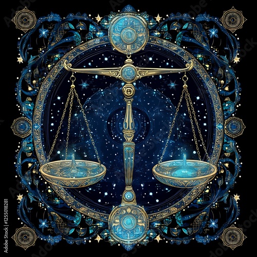 Libra Zodiac Sign Intricate Balance Scale in Celestial Art with Stars and Detailed Ornamentation photo