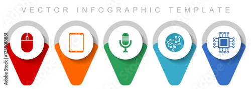 Technology pointer collection, miscellaneous icons such as computer mouse, tablet, microphone, chip and cpu, flat design vector infographic template in eps 10