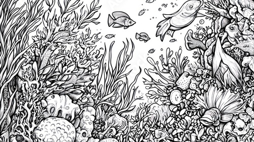 Underwater coral reef illustration, detailed, black and white, artistic drawing, printable, for coloring book, or educational use photo