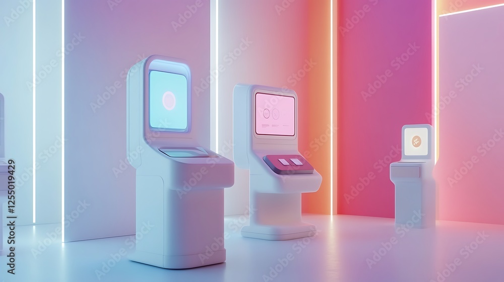 Futuristic Interactive Kiosks in Neon Lit Room Futuristic Interactive Kiosks in Neon Lit Room