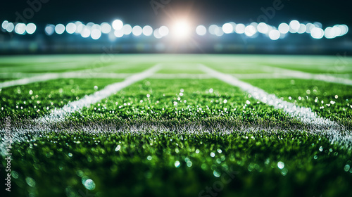 A blurred background of an American football field under the lights, with white lines and green grass, with bokeh effects creating a festive atmosphere for sports event