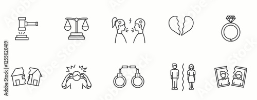 Divorce line Icon Set. Legal, break, marriage, couple, design, law, heart, relationship . Vector Illustration