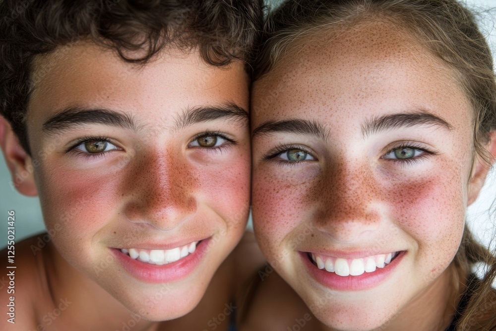 Close-up portrait of two smiling siblings with freckles showing a joyful and warm expression. Close-up portrait of two smiling siblings with freckles showing a joyful and warm expression.