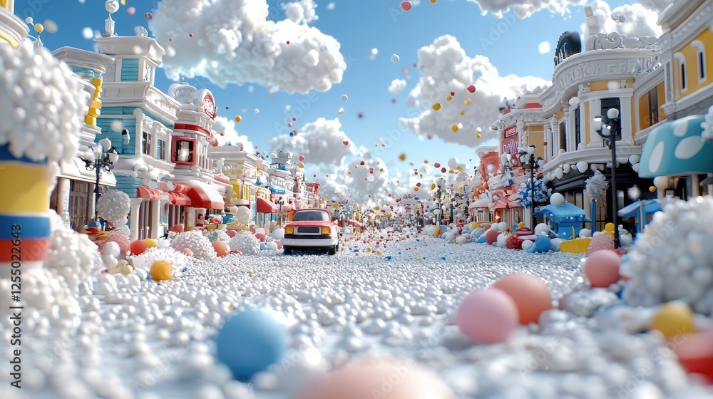 Colorful whimsical city street scene with clouds and a car