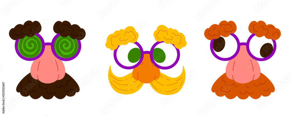 Fototapeta premium Eyeglasses with fake nose and mustache for April jokes. Vector illustration set isolated on white. Ideal for stickers, greeting cards, party decorations