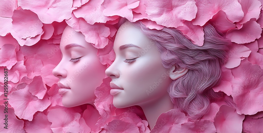 Naklejka premium Two Blank Speech Bubbles on Soft Pink Petals and Flowing Lavender Hair