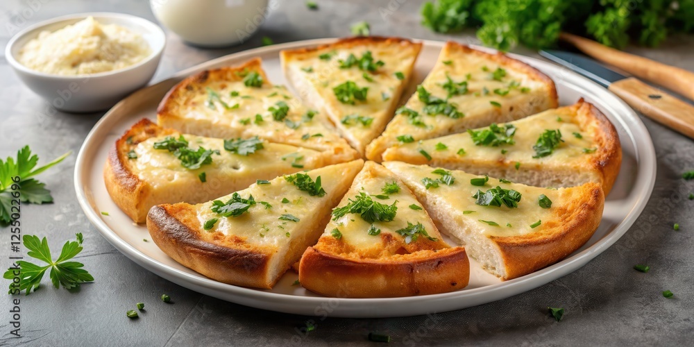 Aromatic Baked Bread Slices Topped with Melted Cheese and Fresh Herbs on a Plate Aromatic Baked Bread Slices Topped with Melted Cheese and Fresh Herbs on a Plate