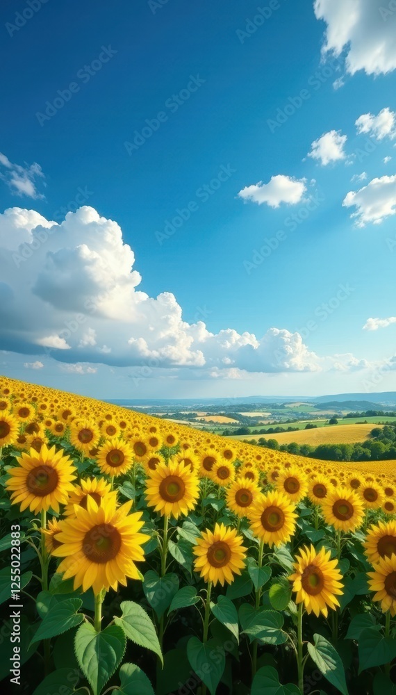 Fototapeta premium Rolling hills of sunflowers under a dramatic blue sky, shot, image