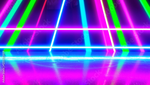 A futuristic neon-lit corridor with blue, pink, and green glowing lights reflecting on a wet floor, creating a sci-fi inspired digital environment. photo