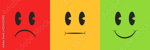 Colorful emotions: red sadness, yellow neutrality, green happiness faces. Vector icon