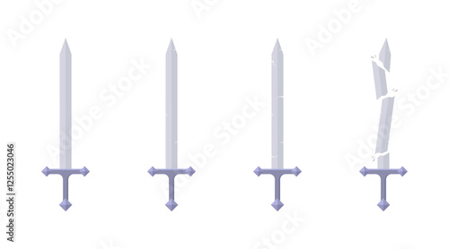 Stages of sword wear and damage progression with cracks and breaks. Vector icon