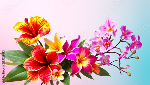 A tropical floral arrangement with red and pink hibiscus and orchids against a soft blue background, creating a vibrant and exotic botanical composition.