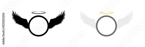 Black and white winged oval logos with halo symbols. Vector icon