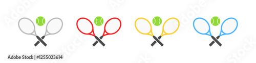 Colorful tennis racket and ball set in four variations. Vector icon