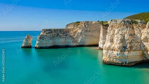 A beautiful blue ocean with a rocky shoreline