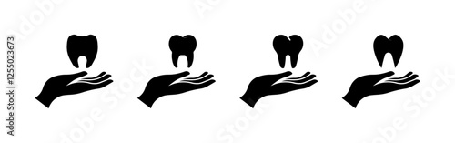 Silhouette hands holding teeth icons: dental care symbols in black and white. Vector icon