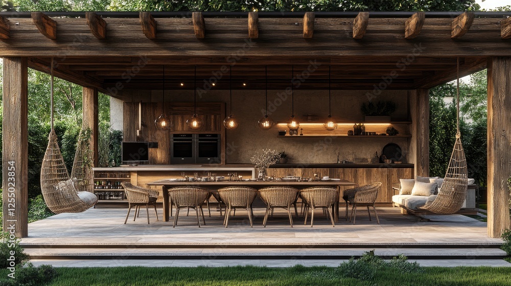 Cozy outdoor dining space with wooden pergola Cozy outdoor dining space with wooden pergola