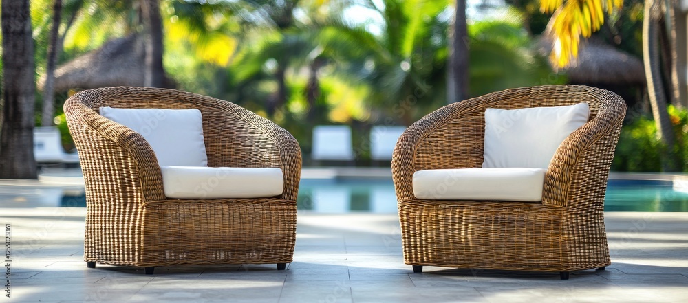 Fototapeta premium Relaxing Rattan Chairs by the Poolside