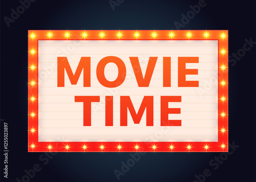 Bright retro movie theater sign with glowing lights and bold text. Vector icon