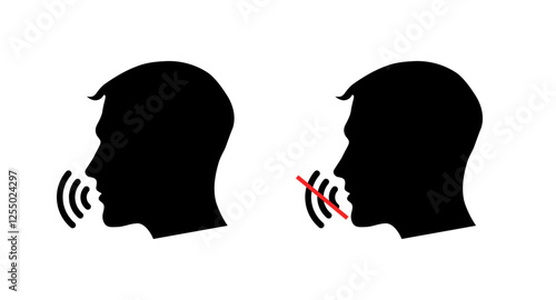 Silhouette of male profile speaking and silent with sound waves. Vector icon