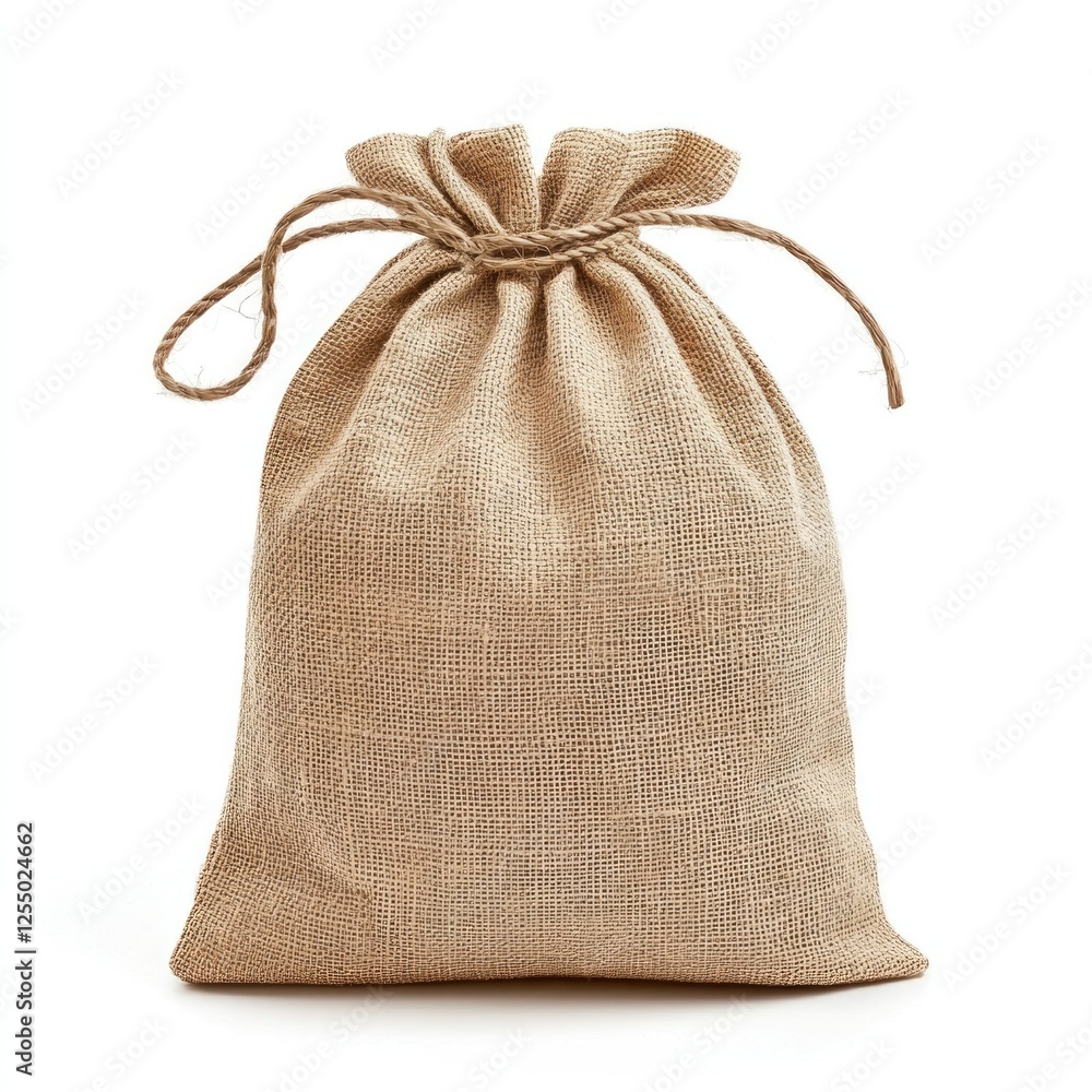 Burlap sack tied with twine, studio shot, white background, packaging Burlap sack tied with twine, studio shot, white background, packaging