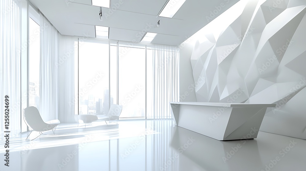 Modern White Office Reception Area with City View Modern White Office Reception Area with City View