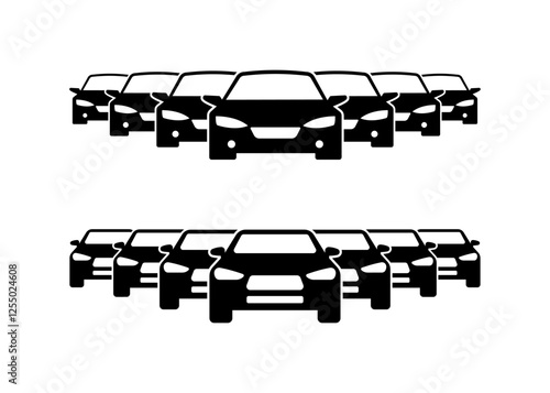 Silhouette of multiple cars in rows with front view in black and white illustration. Vector icon