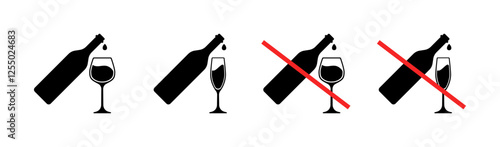 Wine bottle and glass illustrations with prohibition signs. Vector icon
