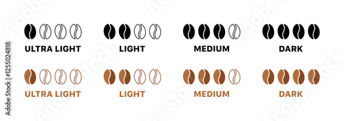 Coffee bean roast levels: ultra light, light, medium, dark. Vector icon