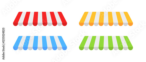 Four colorful striped awnings on white background: red, yellow, blue, green. Vector icon