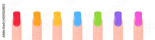 Colorful nail polish on fingers: red, orange, yellow, blue, green, purple, pink on white background. Vector icon