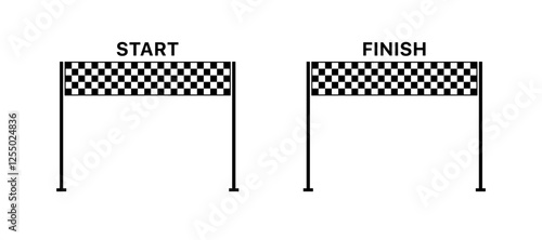 Black and white checkered start and finish line banners for a race. Vector icon