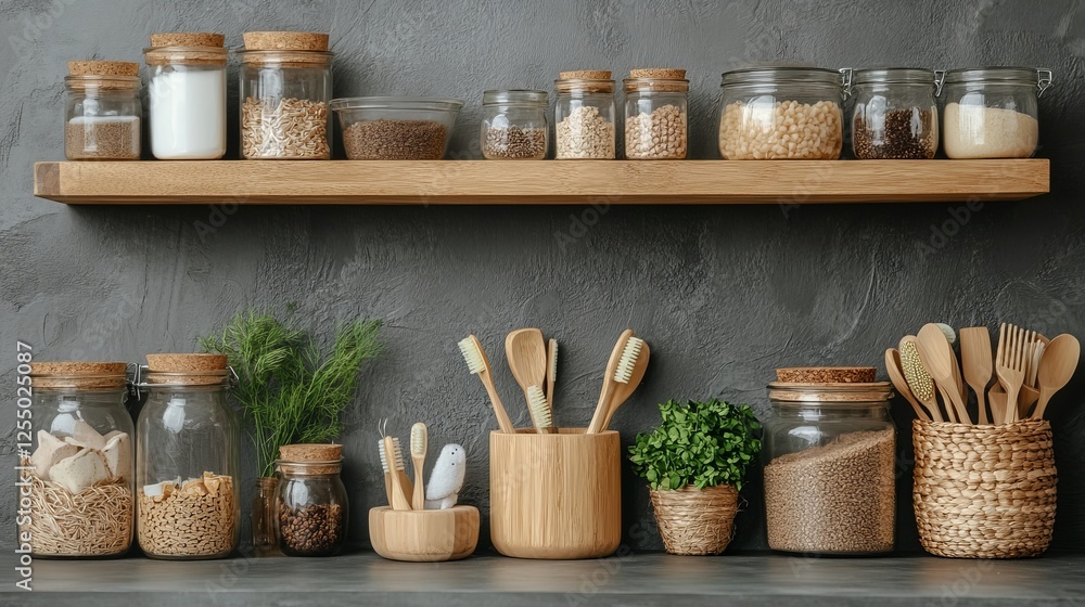 Fototapeta premium A Charming Rustic Shelf Displaying an Array of Colorful Jars and Unique Utensils Creating a Warm Inviting Atmosphere Perfect for Kitchen Decor and Home Organization Inspiration Ideas