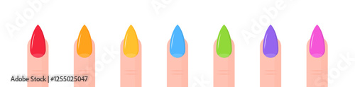 Colorful manicured fingernails on female hand displaying rainbow shades. Vector icon