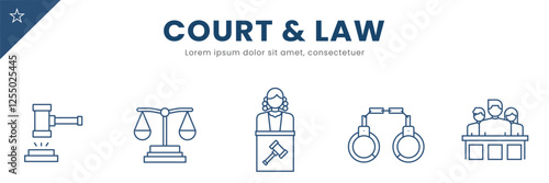 Court and Law line Icon Set . Judge, gavel, attorney, trial, court case, legal system, law firm  . Vector Illustration