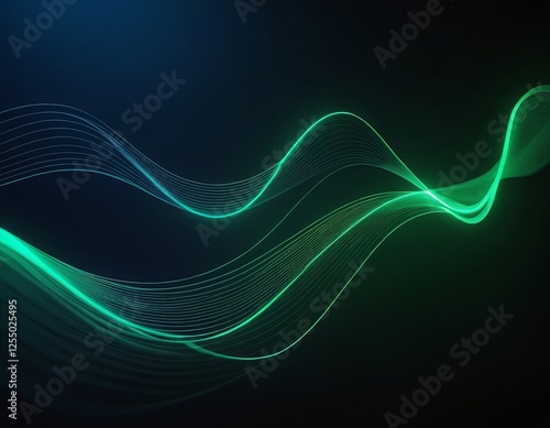 Abstract waves in green and blue tones create a dynamic and soothing visual experience.