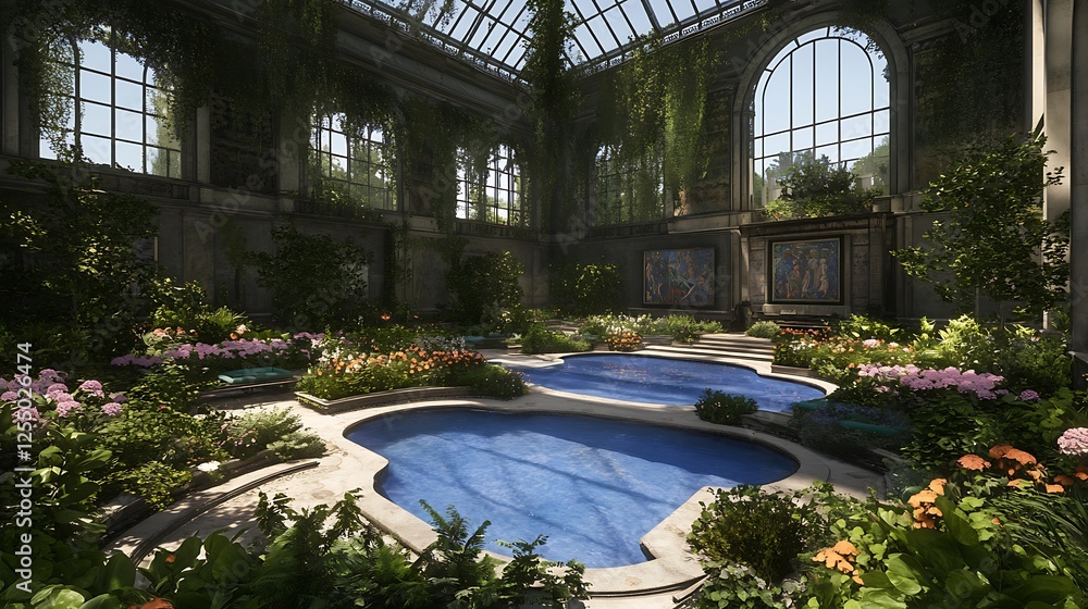 Fototapeta premium Lush Indoor Botanical Garden with Pools and Natural Light Featuring Overgrown Greenery and Colorful Blooms