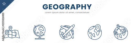Geography line Icon Set . Road map, journey, compass,  direction,  . Vector Illustration
