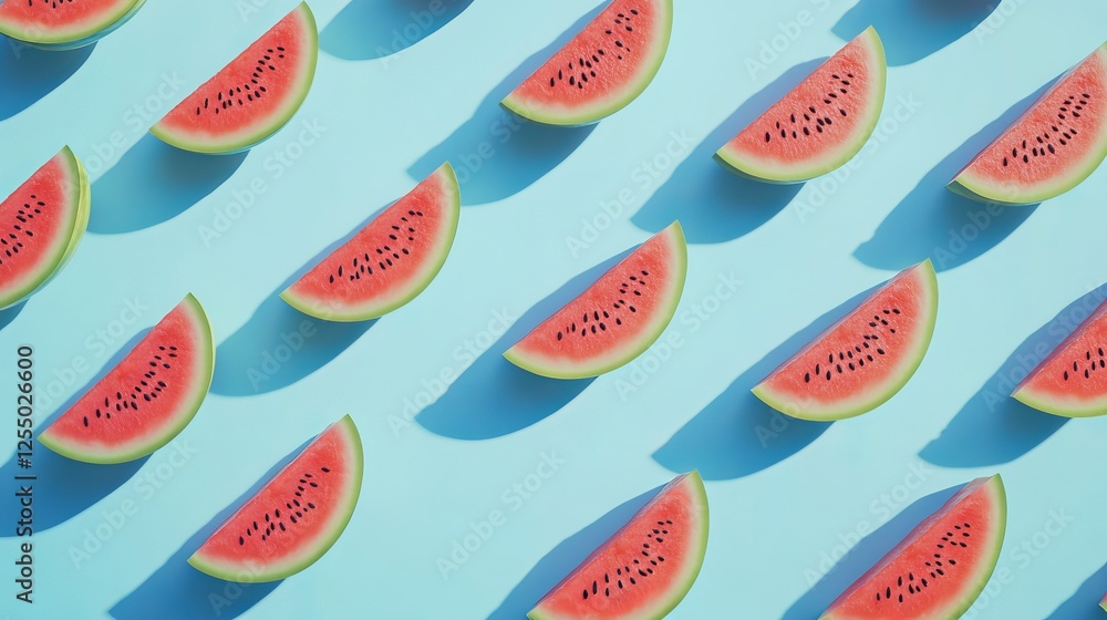 Vibrant Display of Fresh Watermelons Arranged Neatly Against a Bright Blue Background Highlighting Their Juicy Red Flesh and Green Rind Creating a Cheerful and Refreshing Summer Vibe Vibrant Display of Fresh Watermelons Arranged Neatly Against a Bright Blue Background Highlighting Their Juicy Red Flesh and Green Rind Creating a Cheerful and Refreshing Summer Vibe
