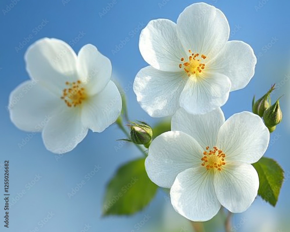 White Dog Rose Flowers With Orange Centers Against Blue Sky, Shallow Depth Of Field, Spring Blooming White Dog Rose Flowers With Orange Centers Against Blue Sky, Shallow Depth Of Field, Spring Blooming